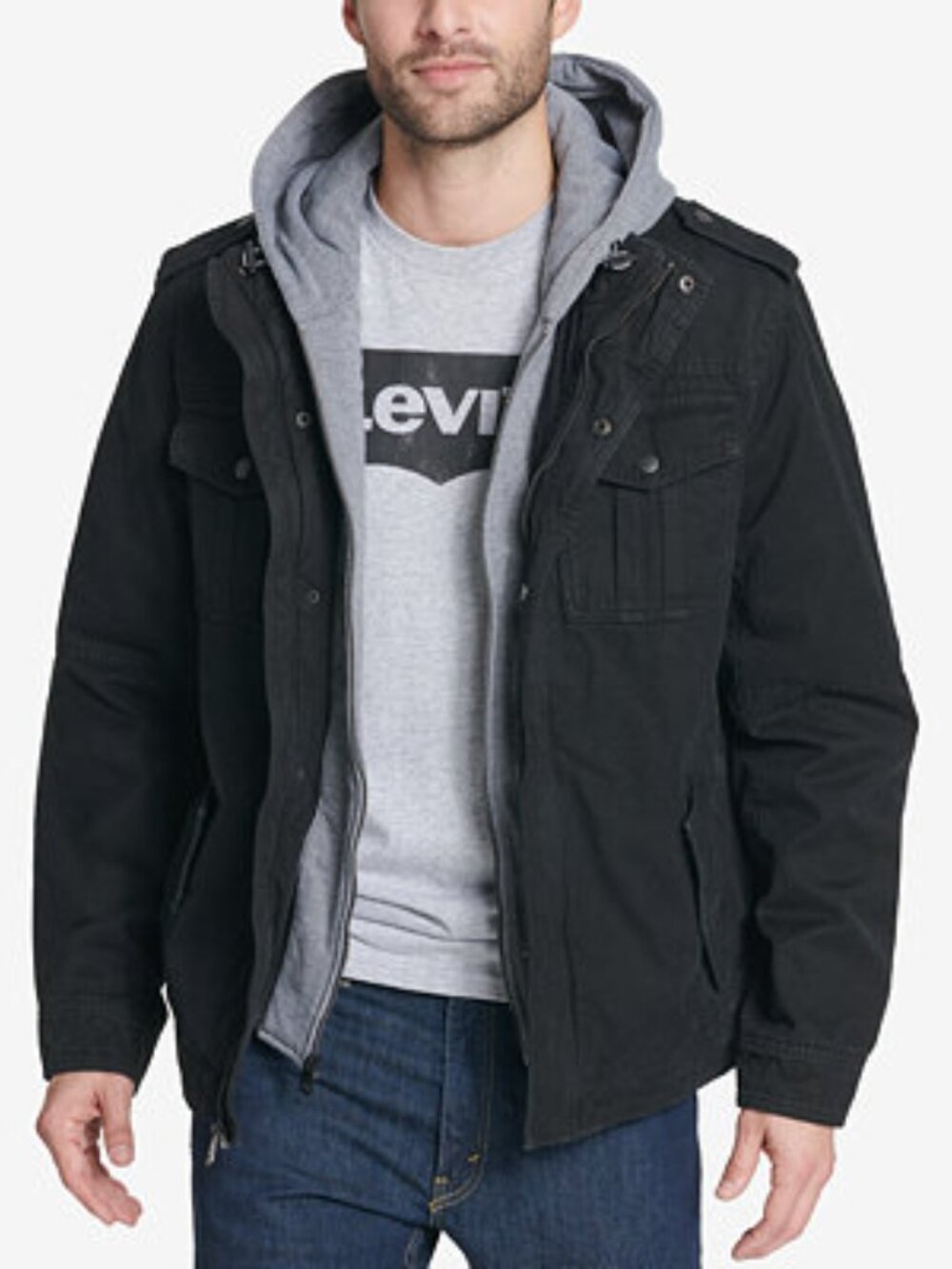 Levi's Men's Wool Blend Hooded Military Jacket Black Size Small